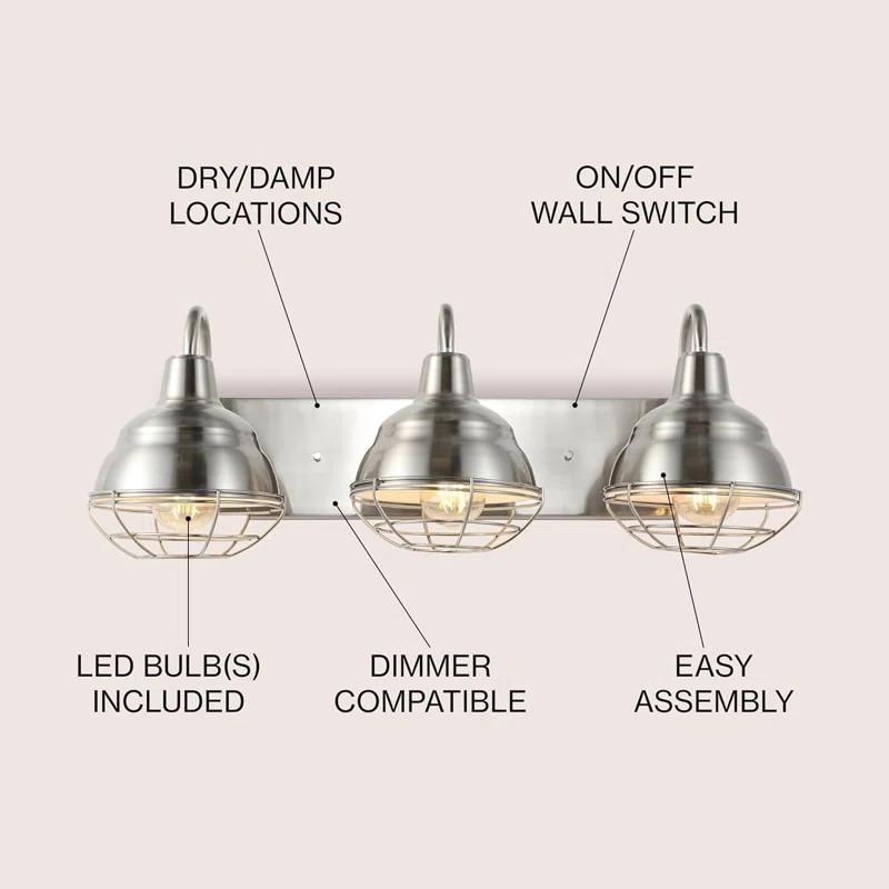BEAUTY DEPOT 24.5" 3-Light Industrial Farmhouse Vanity Light, Nickel Finish, Led Bulbs Included, Modern Rustic Bathroom, Hallway, Living Room, Bedroom Mirror Cabinet Lighting