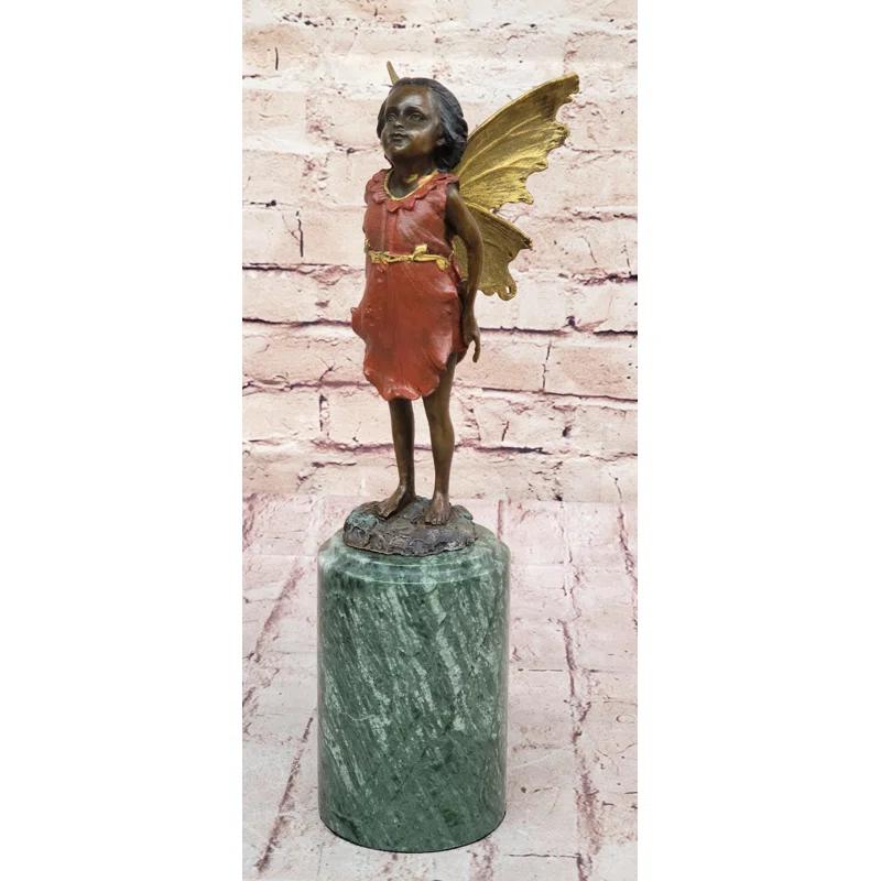 Trinx Kallem Hot Cast Bronze Young Fairy Girl Winged Angel Figure Sculpture On Green Marble Base