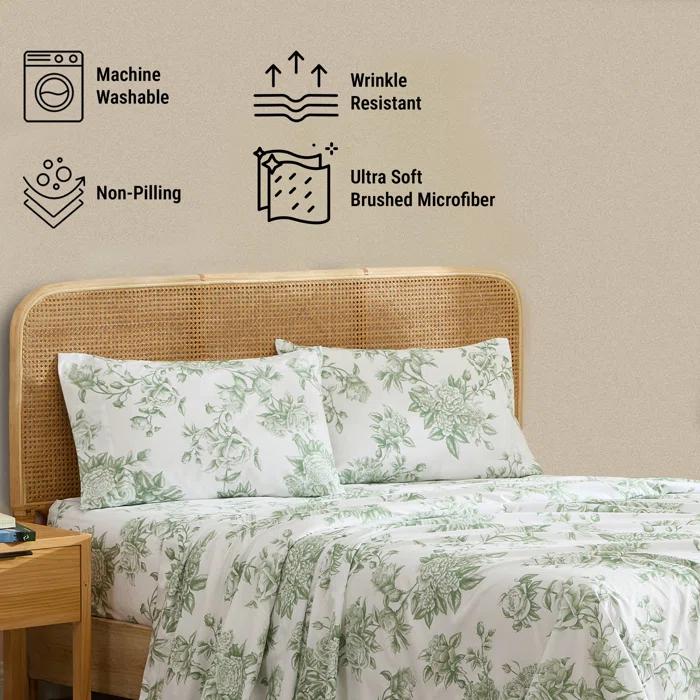 HLC.ME HLC.ME Rose Toile Floral Bed Sheets - Wrinkle Resistant & Ultra Soft - Fits Mattresses up to 15 Inches Deep (Sage Green)