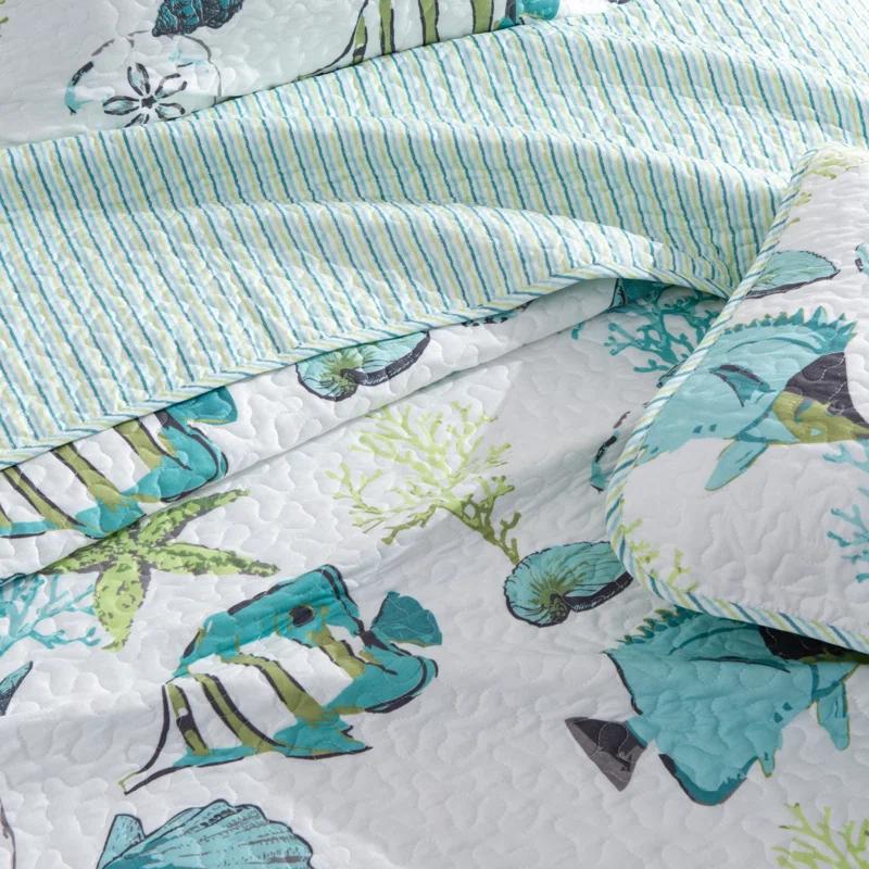 Blue / Green Fish & Seashell Quilt Set with Shams