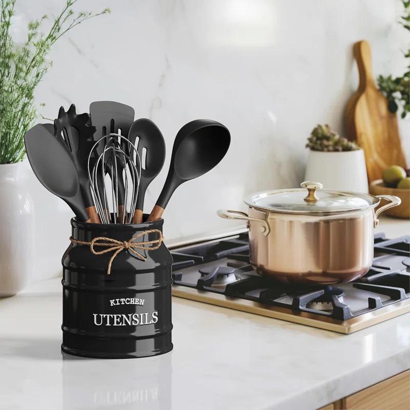 Red Barrel Studio® Ceramic Farmhouse Utensil Holder For Kitchen Counter, Large Rustic Utensil Crock, Countertop Cooking Tool Spatula Organizer, 6.75” (Black)