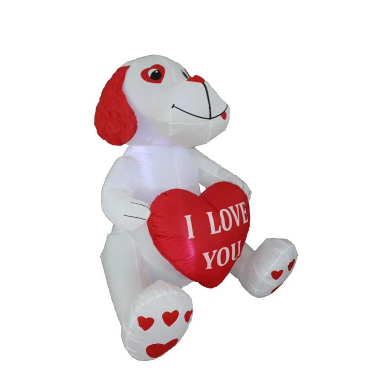 The Holiday Aisle® 4 Foot Tall Lighted Happy Valentine's Inflatable Cute White Puppy Doggy with I Love You Heart Indoor / Outdoor Blow Up Yard Decoration