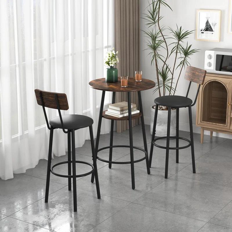 17 Stories Rustic Charm Bar Set,Weather-Resistant 3-Piece Bistro Table & Stools with Plush Backrests – Perfect for Cozy Outdoor Dining