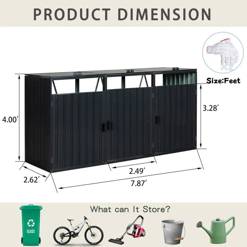 HLILish Garbage Bin Shed Stores 3 Trash Cans Metal Outdoor Bin Shed For Garbage Storage,Stainless Galvanized Steel, Bin Shed For Garden Yard Lawn