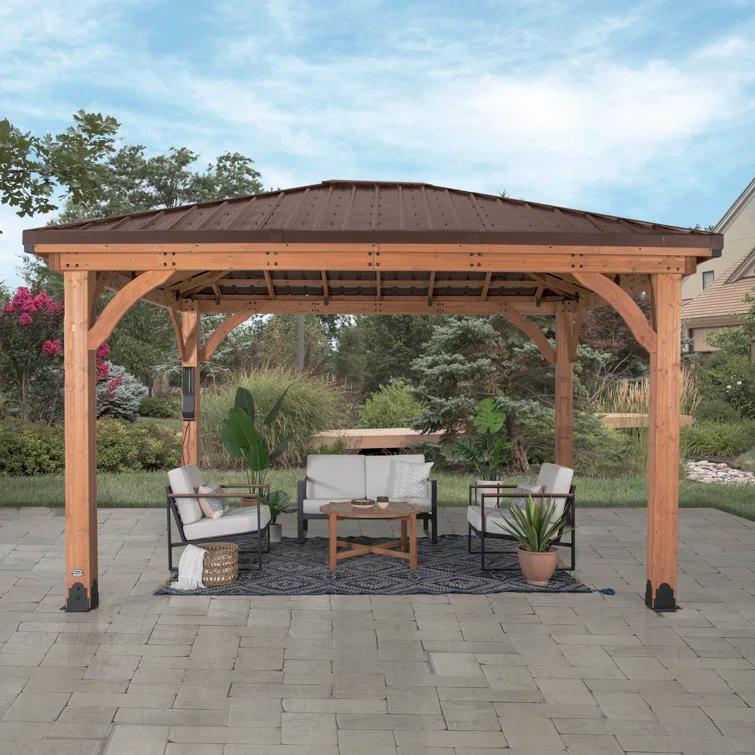 Backyard Discovery Backyard Discovery Barrington 14' x 12' Cedar Wood Outdoor Patio Gazebo with Hardtop Galvanized Steel Hip Roof and PowerPort