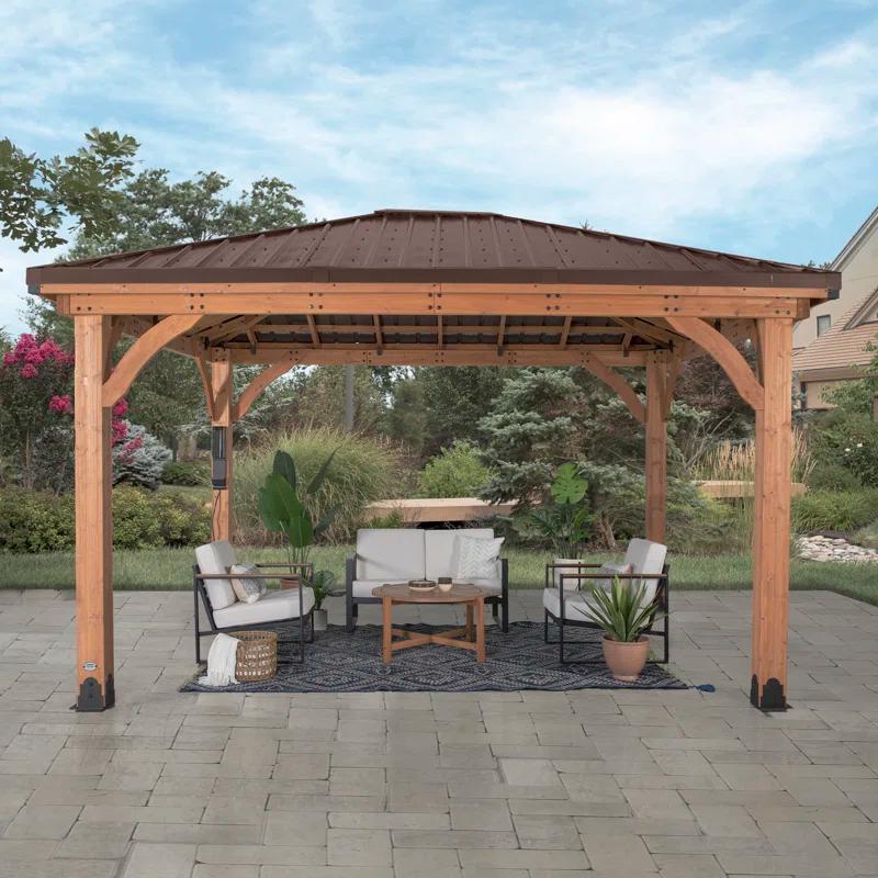 Backyard Discovery Backyard Discovery Barrington 14' x 12' Cedar Wood Outdoor Patio Gazebo with Hardtop Galvanized Steel Hip Roof and PowerPort