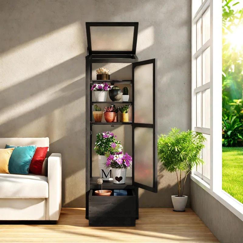 mosaicmotifco Wood Garden Greenhouse Balcony Portable Mini Cold Frame With Movable Storage Box, Adjustable Shelves And 1 Drawer
