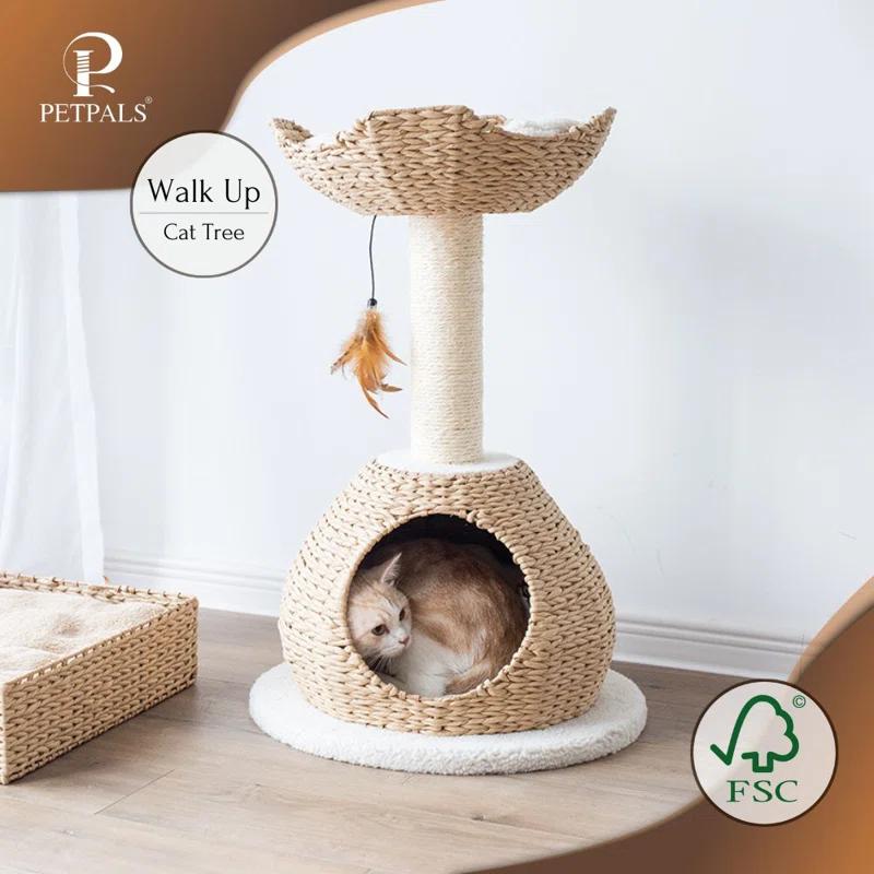 PetPals PetPals Walk Up Cat Tree with Fleece Perch, Handwoven Basket, and Sisal Scratching Post, Eco-Friendly Cat Furniture, Beige