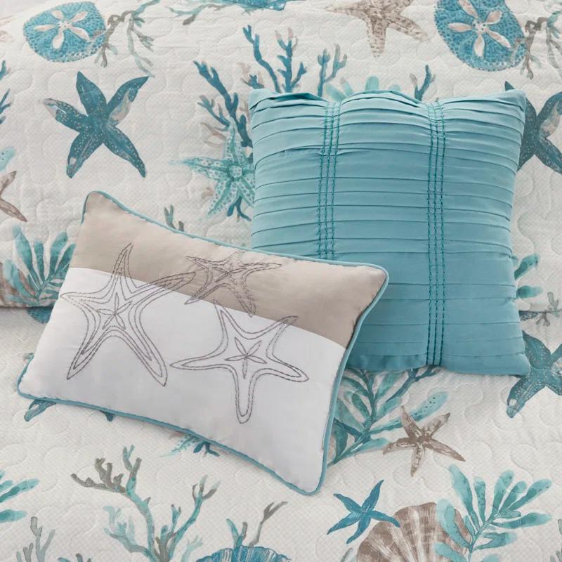 Madison Park Pebble Beach Cotton Sateen 210 TC Reversible 6 Piece Quilt Set with Throw Pillows