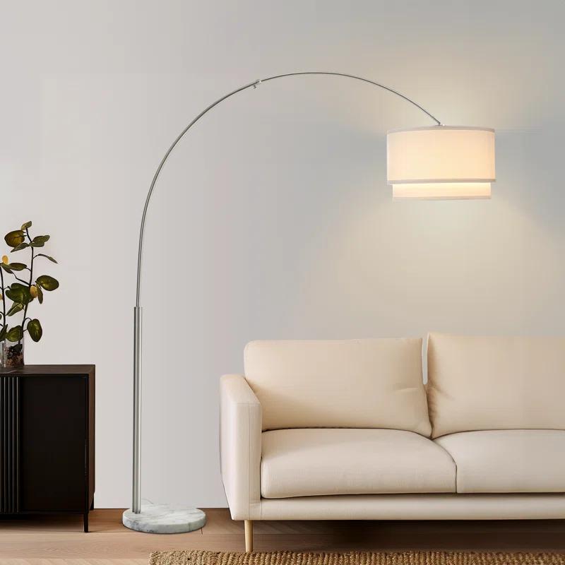 Mason 81 in. Modern Adjustable LED Arched Standing Floor Lamp with Fabric Drum Shade and Weighted Marble Base