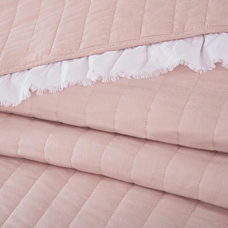 Chezmoi Collection Bonnie Double Frayed Ruffled Edge Cotton Quilt Set