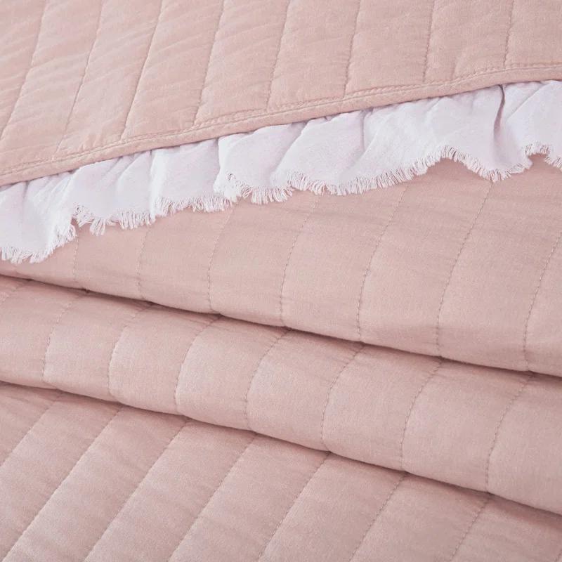 Chezmoi Collection Bonnie Double Frayed Ruffled Edge Cotton Quilt Set