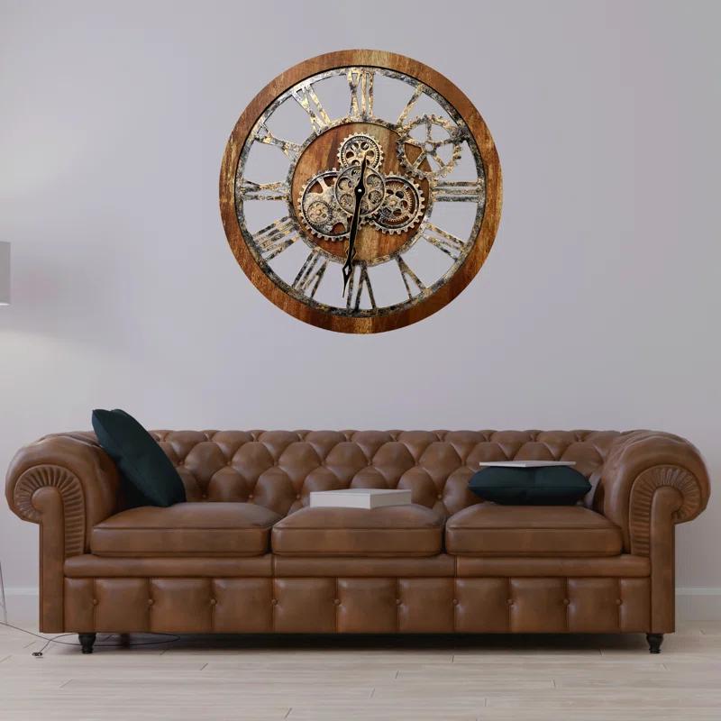 Wall Clock 24" Round Oversized for Living Room decor with Real Moving Gears America Collection