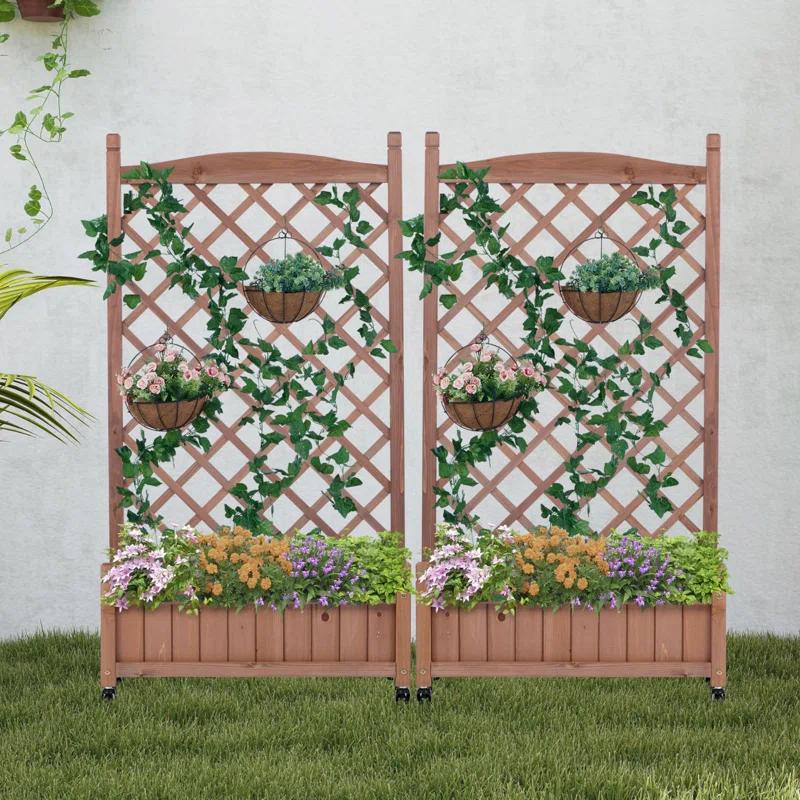 August Grove® Raised Garden Bed With Trellies 2 Pack, Outdoor Wooden Planter Box For Climbing Plants, Vegetables Herb Growing