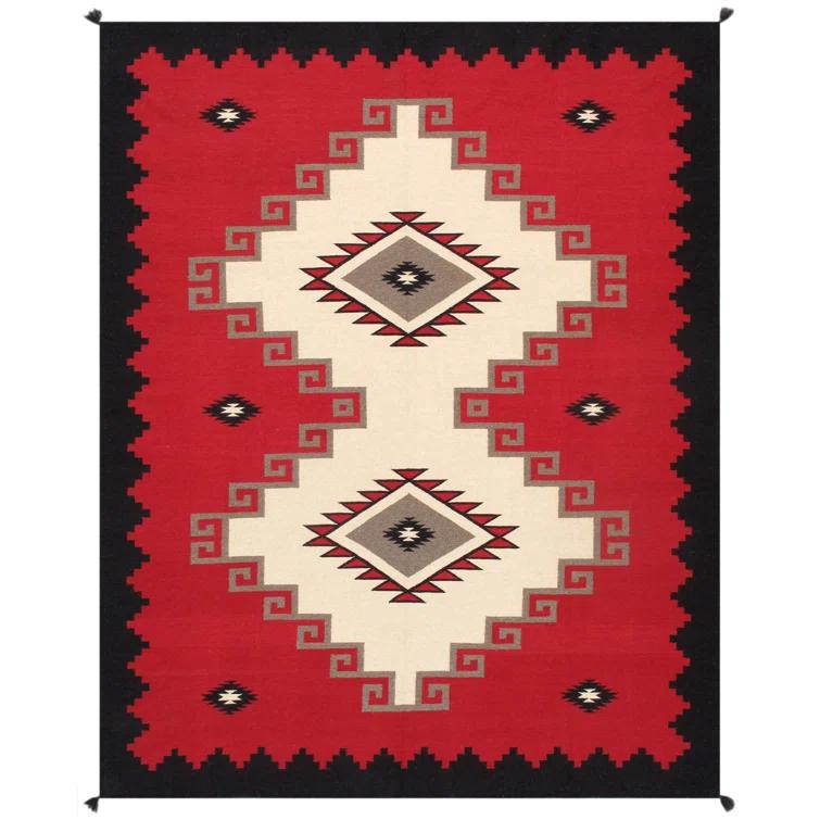 Ivory and Red Geometric Wool 8' x 10' Handmade Rug