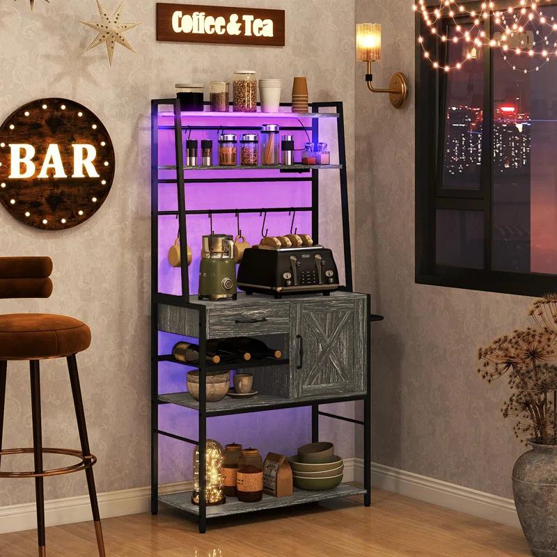 Baker's Rack With Power Outlet And LED Lights, Coffee Bar With Storage Shelves, Industrial Microwave Stand With Wine Bottle Rack