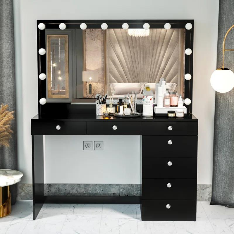 Boahaus LLC Boahaus Joan Large Modern Makeup Vanity Table with Big Mirror, 7 Drawers and Power Outlet