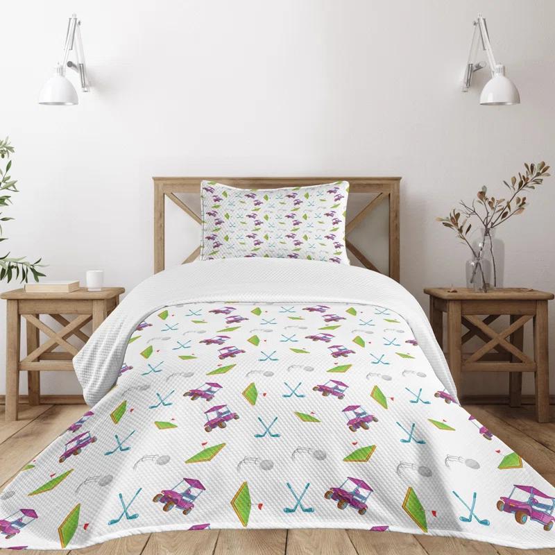 Ambesonne Ambesonne Golf Bedspread Set Clubs Carts Ball Flag on Grass Lime Green Purple