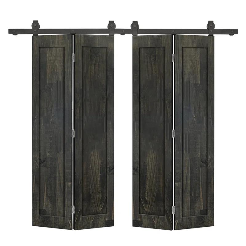 Calhome 1 Panel Shaker Pine Wood Double Bi-Fold Door with Sliding Barn Door Hardware Kit