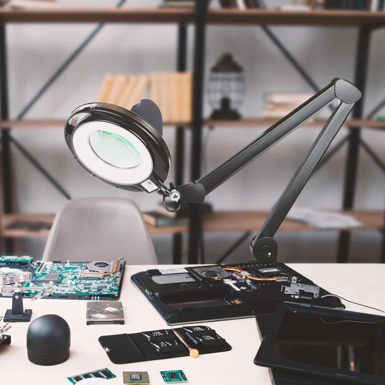 Brightech Lightview Pro 33 in. Adjustable Swing Arm Integrated 2.25X Magnifying Dimmable LED Desk Clamp Lamp