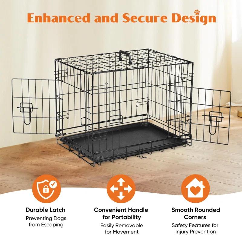 Ebern Designs Medium Dog Crate With Divider Panel, 30 Inch Double Door Folding Metal Wire Dog Cage With Plastic Leak-Proof Pan Tray, Pet Kennel For Indoor, Outdoor, Travel