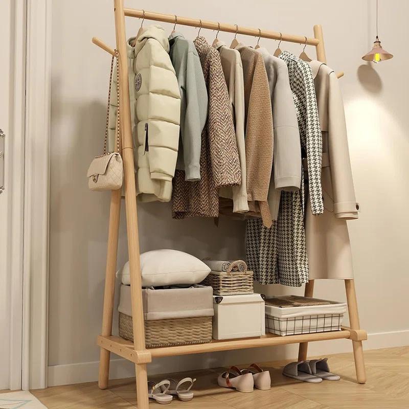 Rebrilliant Solid Wood Clothes Rack, Clothing Rack With Shelf And Hook, Sturdy And Portable, Garment Rack For Hanging Clothes,Coats,Skirts,Shoes,Bags,Easy To Assemble (Natural)