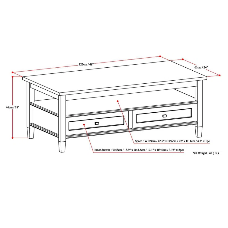 Simpli Home Warm Shaker 48"W Solid Wood Coffee Table with Two Storage Drawers and Open Shelf