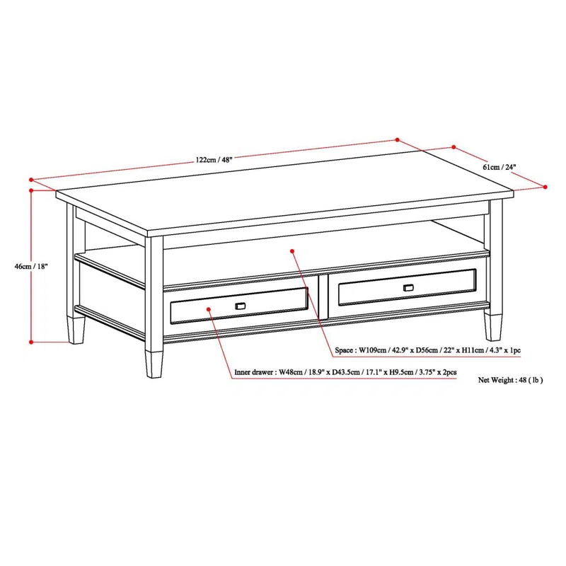 Simpli Home Warm Shaker 48"W Solid Wood Coffee Table with Two Storage Drawers and Open Shelf
