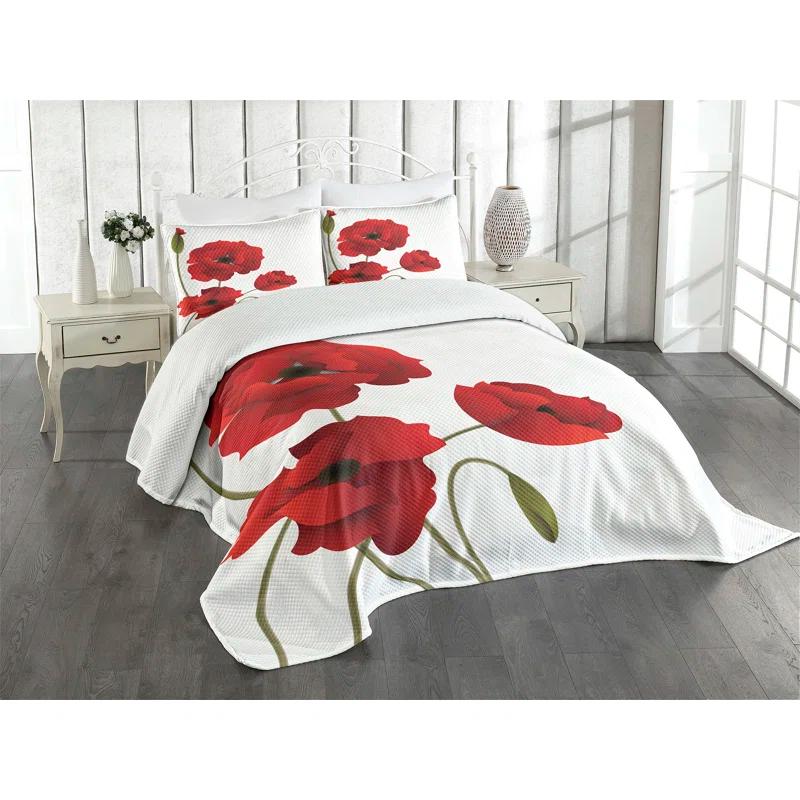 Ambesonne Ambesonne Floral Bedspread Set Flowers Petals and Buds Red Green
