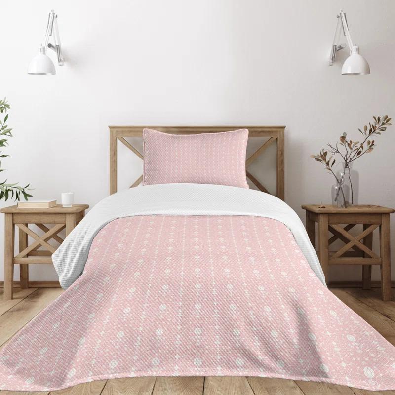Ambesonne Flowers Bedspread Set Vintage Damask Home Pale Pink White