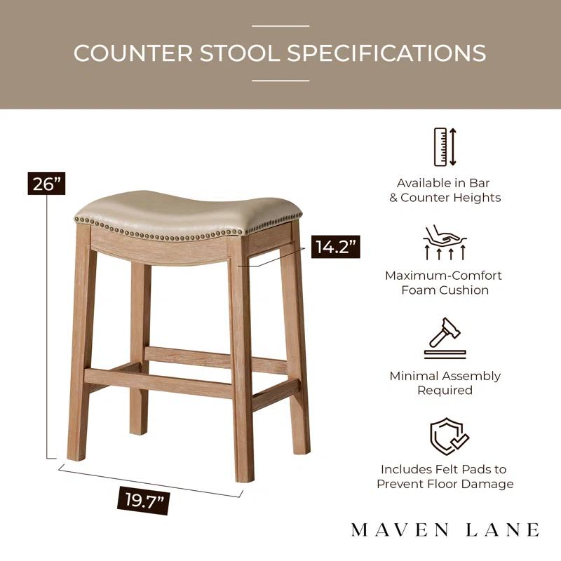 Maven Lane Adrien Saddle Kitchen Counter Stool in Weathered Oak w/ Avanti Bone Vegan Leather