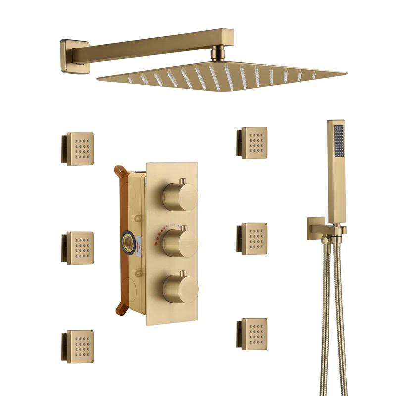 CASAINC M6001-A-12-BG Revitalize 12 Inch Luxury Thermostatic Complete Shower System with Rough-in Valve