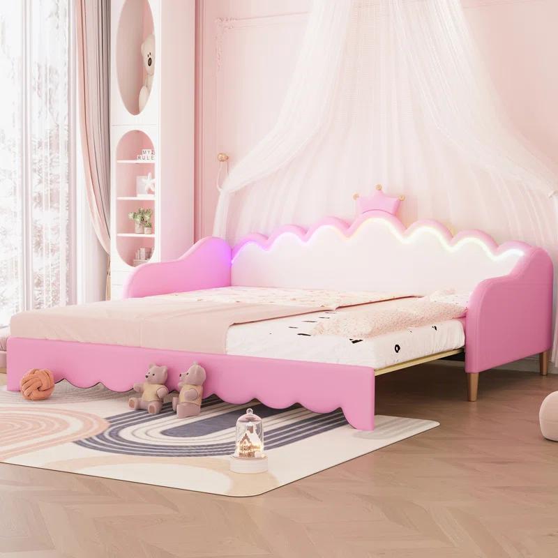 Twin Extending Daybed with LED Lights, Modern Upholstered Princess Daybed