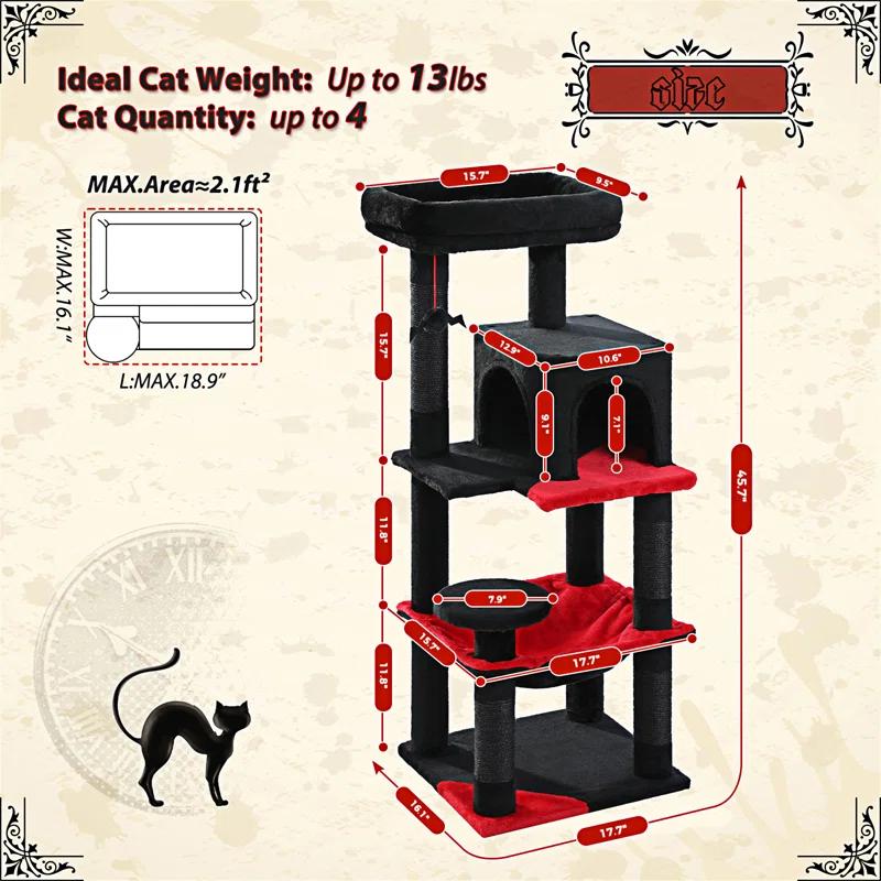 Gothic Cat Tree With Super Large Hammock, 45.7"  Cat Tower With Coffin Bed, Cat Condo, Sisal Scratching Posts & Top Perch, Multi-Level Goth Cat Tree, Halloween