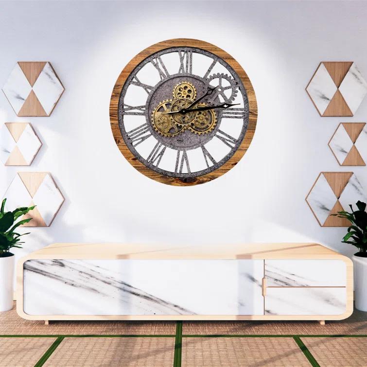 The Gears Clock Wall Clock 24" Round Oversized for Living Room decor with Real Moving Gears America Collection