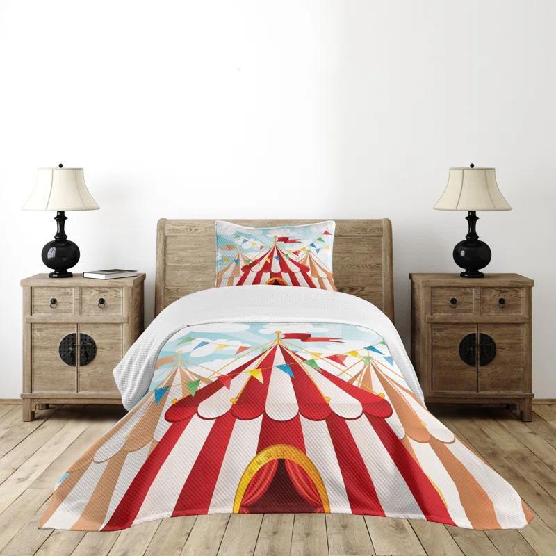 Ambesonne Ambesonne Circus Bedspread Set Circus Cloudy Sun Sky Blue White Red