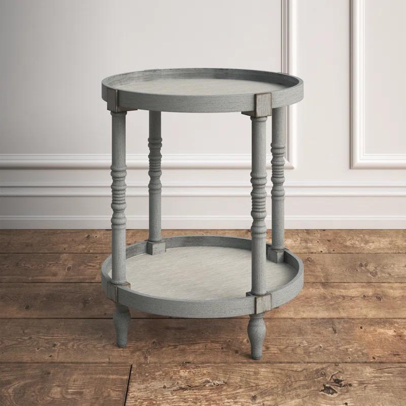 Bellport Classic Round Wood Side Table with Lower Shelf, Distressed Gray