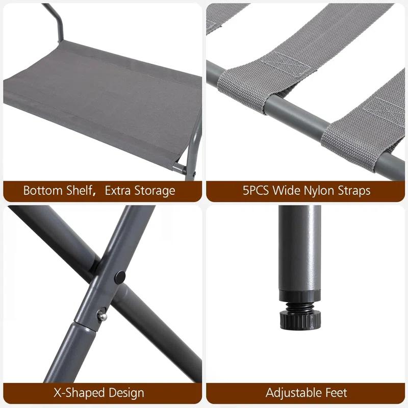 MEBROT Set Of 2, Foldable Suitcase Stands For Guest Room, Metal Luggage Holder With Storage Shelf For Bedroom, Hotel, Easy Assemble