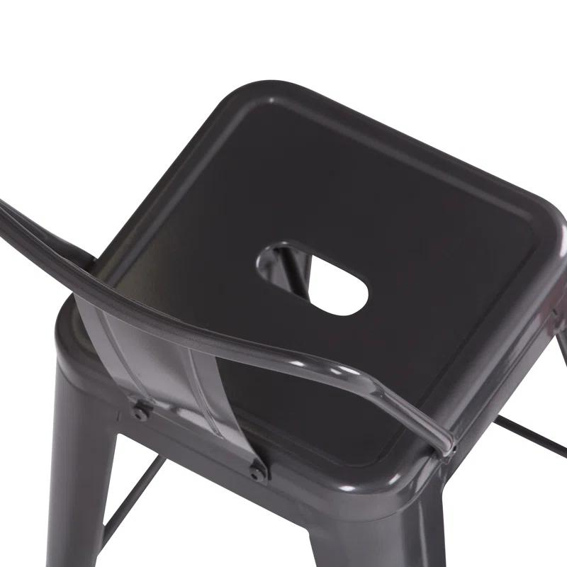 Simpli Home Rayne Metal Industrial Stool with Curved Back, Cross-Brace, and Footrest