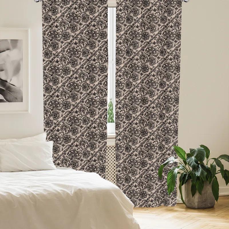 Ambesonne Ambesonne Gothic 2 Panel Curtain Set, Abstract Graphic Lace Pattern With Flowers Butterflies Old Fashioned Nature Inspired, Lightweight Window Treatment Living Room Bedroom Decor, 56" X 63", Tan Black (Set of 2)