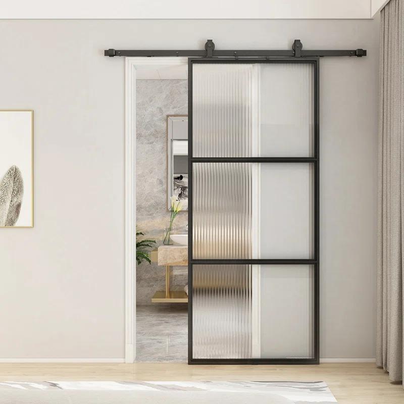 TREEBLING 84" Metal and Glass Sliding Barn Door with Two-Way Soft Close and Installation Hardware Kit