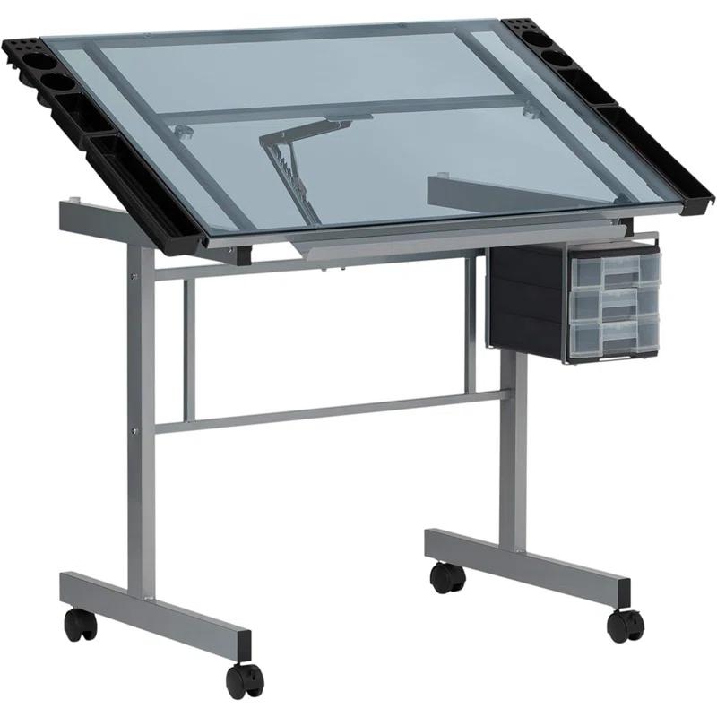 Inbox Zero Craddock Adjustable Glass Top Metal Base Drafting Table