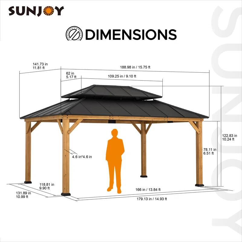 Sunjoy Sunjoy 12x16 ft. Wood Gazebo, Outdoor Patio Steel Hardtop Gazebo, Cedar Framed Wooden Gazebo with 2-tier Metal Roof, Suitable for Patios, Lawn and Backyard
