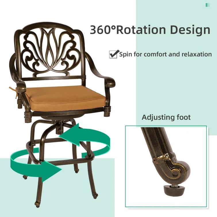 Bloomsbury Market Bloomsbury Market 5-piece Bar Height Patio Dining Set, All Weather Cast Aluminum Outdoor Table And Chairs Set With 4 Swivel Bar Stools, Cushions & 35.38" High Bar Table W/umbrella Hole For Deck, Lawn, Garden