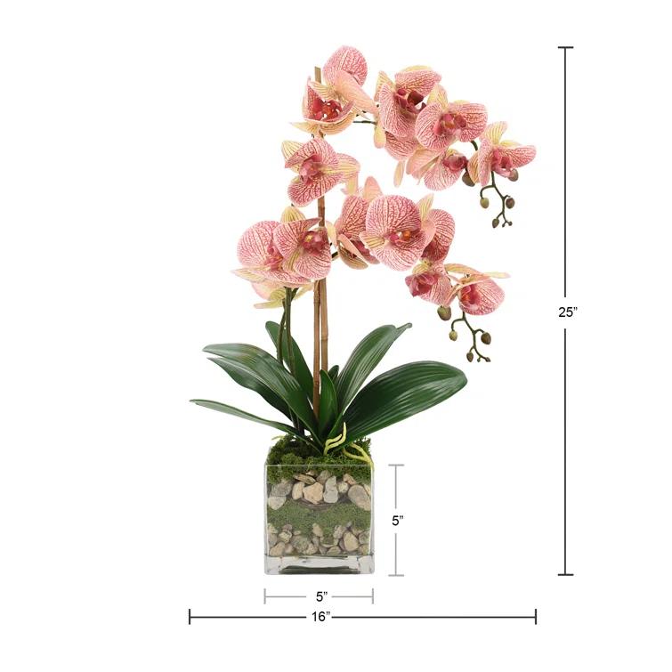 Pink Polysilk Orchid and Bamboo Arrangement in Glass Vase