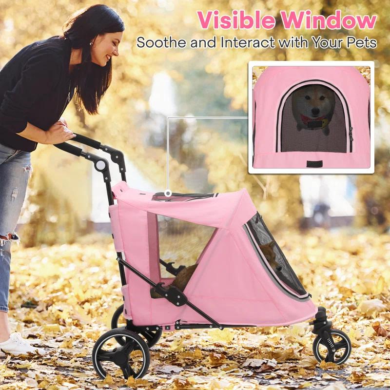 MoNiBloom Folding 3 Wheel Pet Stroller, Foldable Dog Jogger Stroller with Adjustable Handlebar and Mesh Window