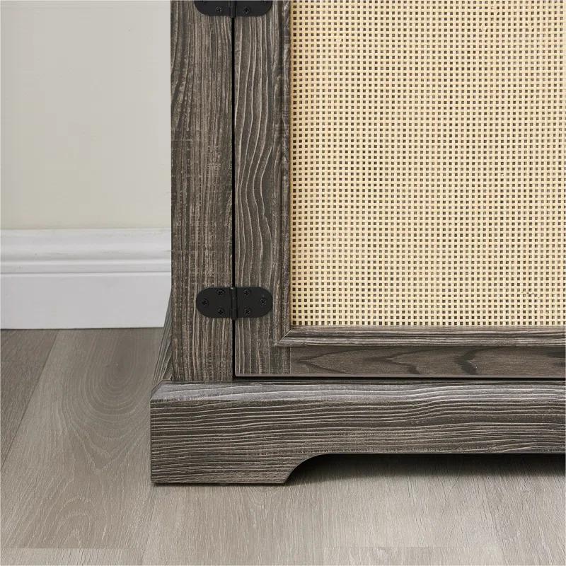 Bayou Breeze Farmhouse Rattan TV Stand Console Table For Tvs Up To 70 Inches, TV Console Table With 2 Storage Shelves, 2 Natural Rattan Door Cabinets