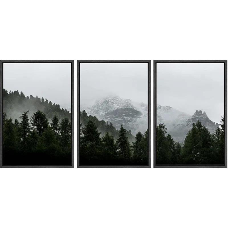 IDEA4WALL Misty Forest Landscape Mountain With Fog Natural Framed Canvas 3 Pieces Photograph Print Wall Art