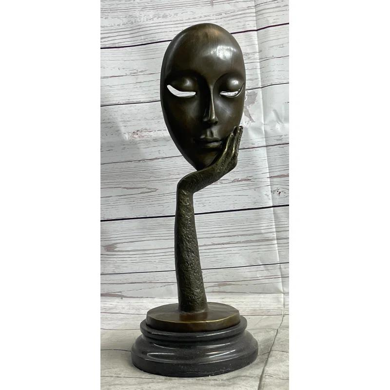 Red Barrel Studio® Tekira Abstract Surreal Bronze Floating Female Face Mask Original Art Sculpture on Marble Base