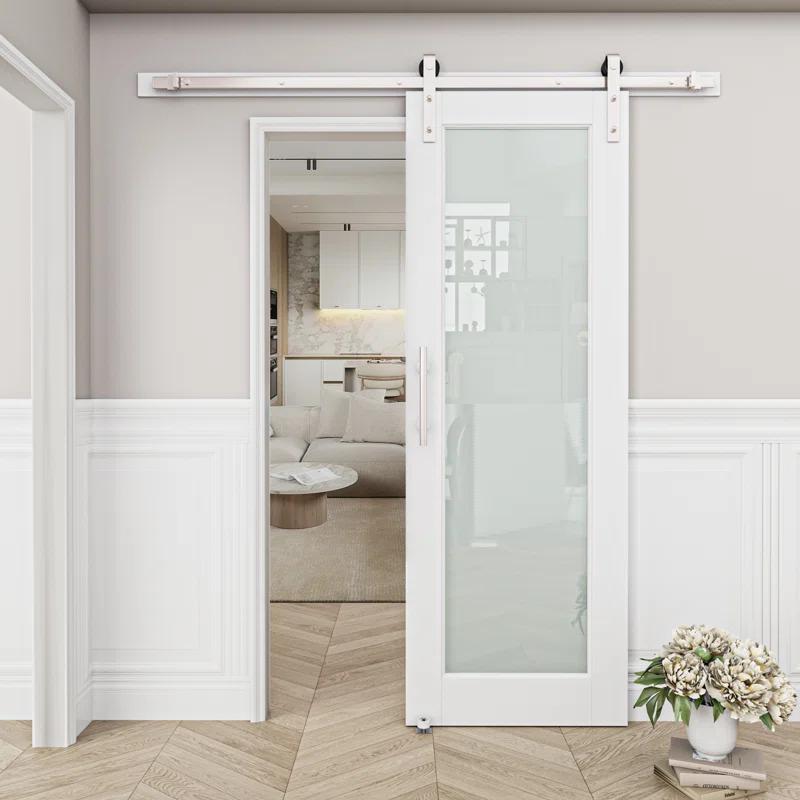 Home Worthy Frosted Glass Solid Manufactured Wood Painted Sliding Barn Door with Nickel-Hardware Kit(No Assembly Required)